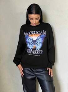 SHEIN SXY Chữ & Bướm In Thả vai Áo chui đầu - màu đen - Xem 4