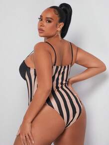 SHEIN SXY Plus Striped Print Bustier Cami Bodysuit - Multicolor - View 2