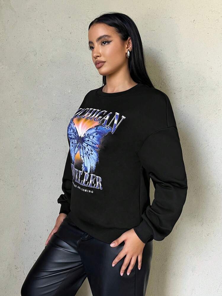 Letter & Butterfly Print Drop Shoulder Pullover