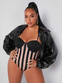 SHEIN SXY Plus Striped Print Bustier Cami Bodysuit - Multicolor - View 3