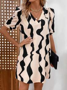 SHEIN Clasi Wave Striped Print Puff Sleeve Tunic Dress