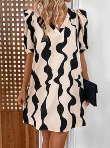 SHEIN Clasi Wave Striped Print Puff Sleeve Tunic Dress