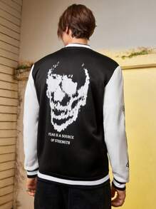 Manfinity EMRG Men Halloween Slogan & Skull Print Two Tone Varsity Jacket - Black and White - View 1