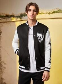 Manfinity EMRG Men Halloween Slogan & Skull Print Two Tone Varsity Jacket - Black and White - View 3
