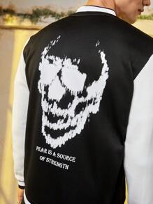 Manfinity EMRG Men Halloween Slogan & Skull Print Two Tone Varsity Jacket - Black and White - View 4