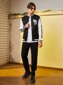 Manfinity EMRG Men Halloween Slogan & Skull Print Two Tone Varsity Jacket - Black and White - View 6