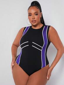 SHEIN SXY Plus Striped Print Contrast Binding Tank Bodysuit - Black - View 3