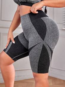 Plus Colorblock Wideband Waist Sports Shorts - Grey - View 1