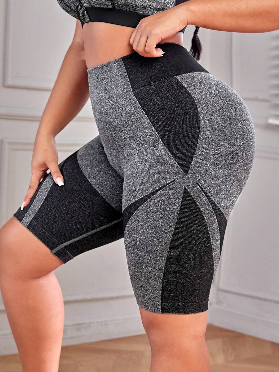 Plus Colorblock Wideband Waist Sports Shorts - Grey - View 1