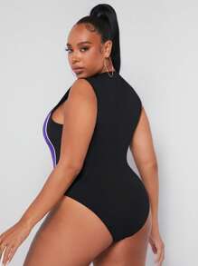 SHEIN SXY Plus Striped Print Contrast Binding Tank Bodysuit - Black - View 2