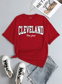 SHEIN EZwear Camiseta con estampado de letra - Rojo - Ver 1