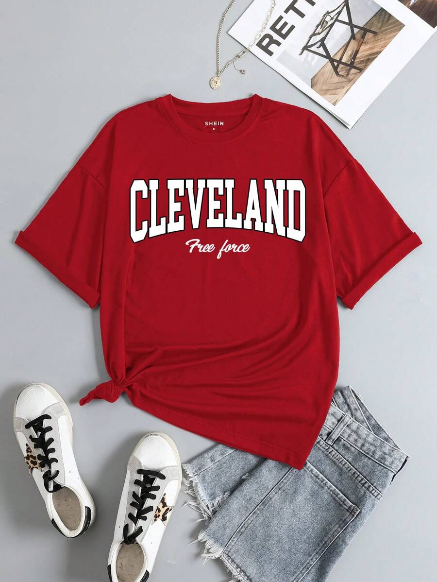 SHEIN EZwear Camiseta con estampado de letra - Rojo - Ver 1