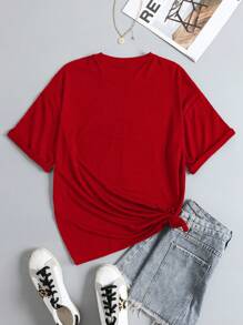 SHEIN EZwear Camiseta con estampado de letra - Rojo - Ver 2