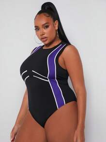 SHEIN SXY Plus Striped Print Contrast Binding Tank Bodysuit - Black - View 5