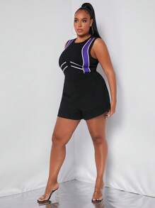 SHEIN SXY Plus Striped Print Contrast Binding Tank Bodysuit - Black - View 6