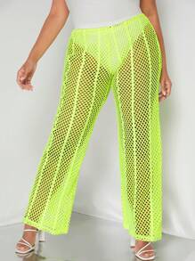 SHEIN SXY 大碼螢光綠鏤空長褲不帶內褲 - 黃色 - 查看 1