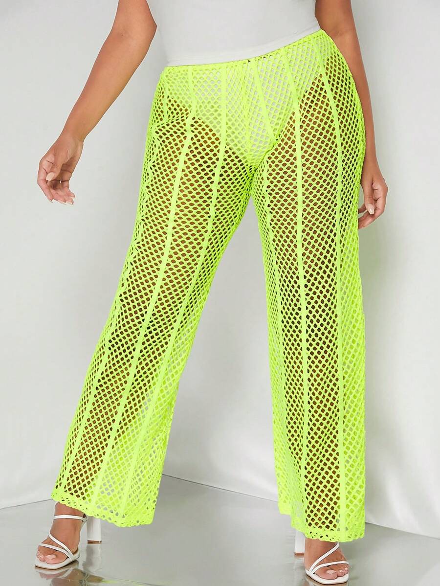 SHEIN SXY 大碼螢光綠鏤空長褲不帶內褲 - 黃色 - 查看 1