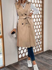 SHEIN Clasi 雙排釦腰帶背心風衣外套 - 卡其色 - 查看 2