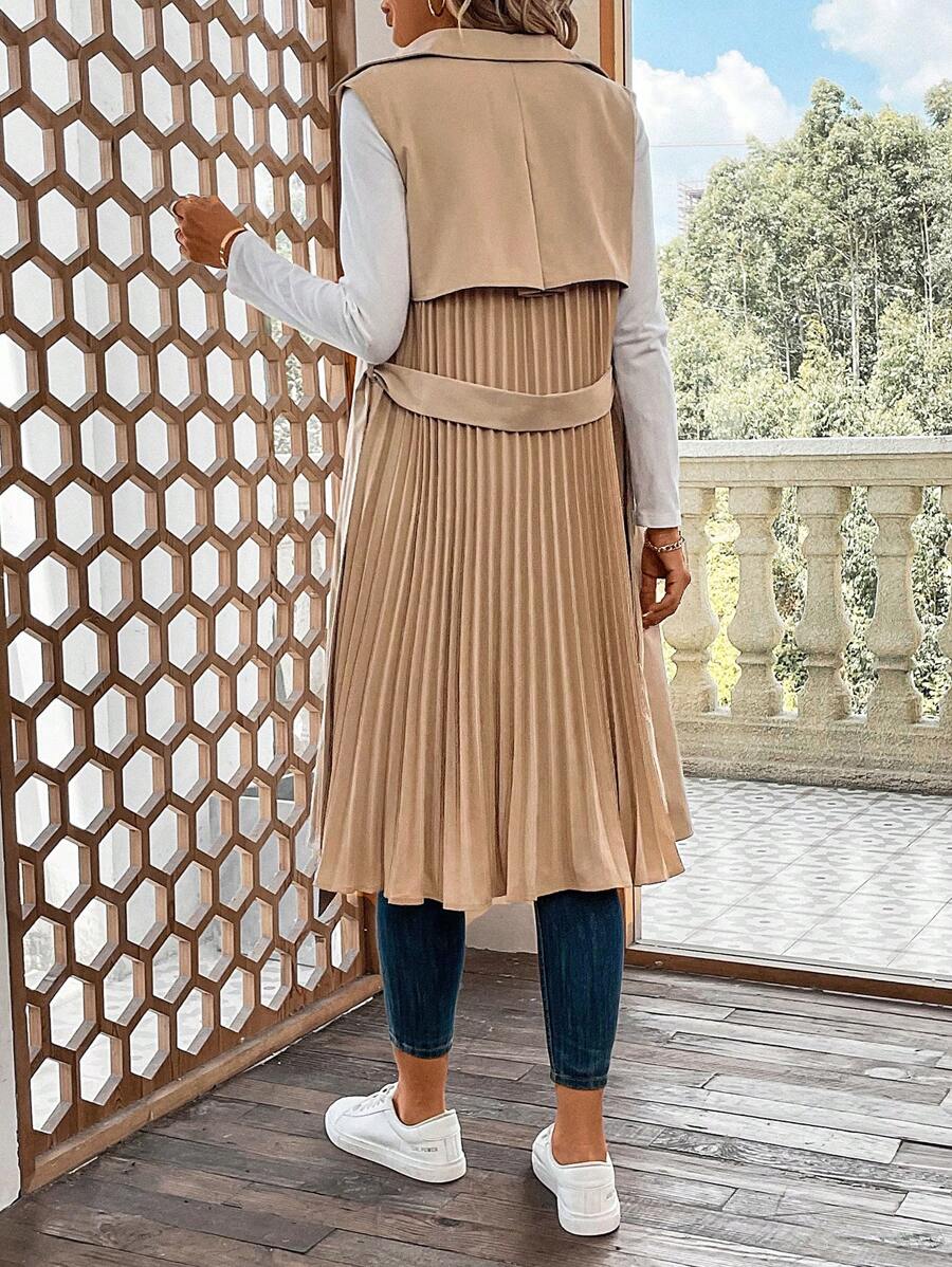 SHEIN Clasi 雙排釦腰帶背心風衣外套 - 卡其色 - 查看 1