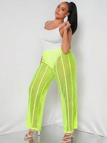 SHEIN SXY 大碼螢光綠鏤空長褲不帶內褲 - 黃色 - 查看 3