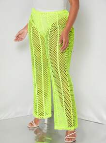 SHEIN SXY 大碼螢光綠鏤空長褲不帶內褲 - 黃色 - 查看 4