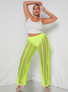 SHEIN SXY 大碼螢光綠鏤空長褲不帶內褲 - 黃色 - 查看 5