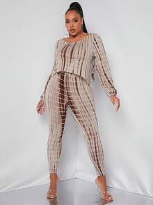 SHEIN SXY 大碼紮染燈籠袖上衣和緊身褲 - 彩色 - 查看 3