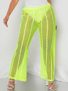 SHEIN SXY 大碼螢光綠鏤空長褲不帶內褲 - 黃色 - 查看 6