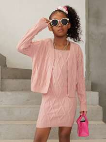 SHEIN Tween Girl Solid Cami Sweater Dress & Drop Shoulder Duster Cardigan - Pink - View 1