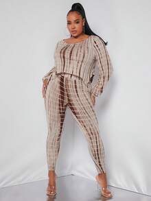 SHEIN SXY 大碼紮染燈籠袖上衣和緊身褲 - 彩色 - 查看 5