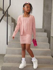 SHEIN Tween Girl Solid Cami Sweater Dress & Drop Shoulder Duster Cardigan - Pink - View 3