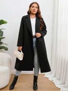 SHEIN Essnce Plus Lapel Neck Open Front Overcoat Winter Fall Autumn - Black - View 3