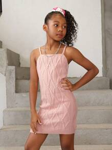 SHEIN Tween Girl Solid Cami Sweater Dress & Drop Shoulder Duster Cardigan - Pink - View 5