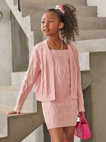 SHEIN Tween Girl Solid Cami Sweater Dress & Drop Shoulder Duster Cardigan - Pink - View 6