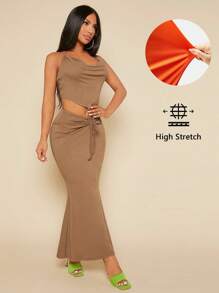 SHEIN SXY Bộ đồ hai mảnh nữ Bất đối xứng Lộ Lưng Dây kéo Xù Vắt màu trơn Gợi cảm - Màu Khaki - Xem 1