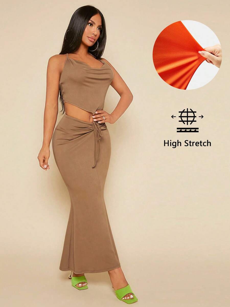 SHEIN SXY Bộ đồ hai mảnh nữ Bất đối xứng Lộ Lưng Dây kéo Xù Vắt màu trơn Gợi cảm - Màu Khaki - Xem 1