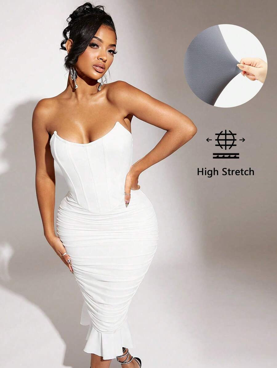 SHEIN SXY 褶邊荷葉邊網紗抹胸緊身連衣裙 - 白色 - 查看 1