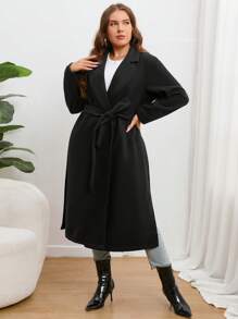 SHEIN Essnce Plus Lapel Neck Open Front Overcoat Winter Fall Autumn - Black - View 5