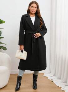 SHEIN Essnce Plus Lapel Neck Open Front Overcoat Winter Fall Autumn - Black - View 1