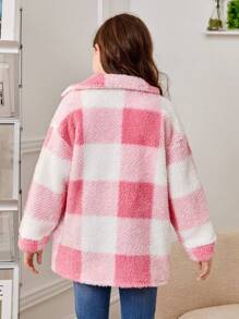SHEIN Áo khoác có túi trang trí ve kẻ caro cho bé gái tuổi mới lớn, màu hồng và trắng - Nhiều màu - Xem 2