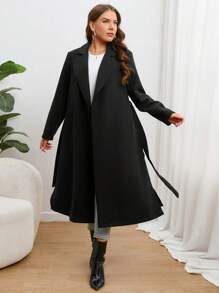 SHEIN Essnce Plus Lapel Neck Open Front Overcoat Winter Fall Autumn - Black - View 4