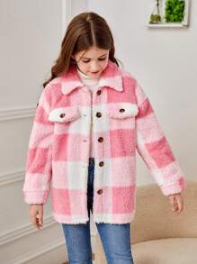 SHEIN Áo khoác có túi trang trí ve kẻ caro cho bé gái tuổi mới lớn, màu hồng và trắng - Nhiều màu - Xem 5
