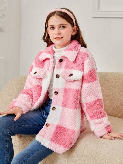 SHEIN Chaqueta con decoración de bolsillo y cuello a cuadros para niña preadolescente, rosa y blanco