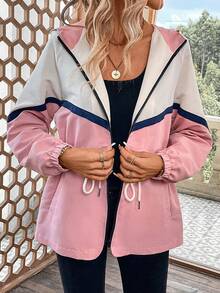 SHEIN LUNE 拼色抽繩腰部拉鍊連帽外套 - 彩色 - 查看 4