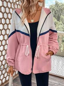 SHEIN LUNE 拼色抽繩腰部拉鍊連帽外套 - 彩色 - 查看 6