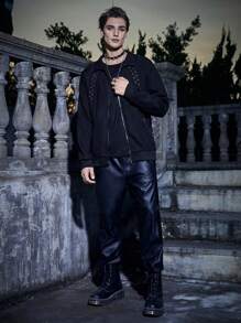 Manfinity Roghcode Men Halloween Grommet Detail Zip Up Jacket - Black - View 6