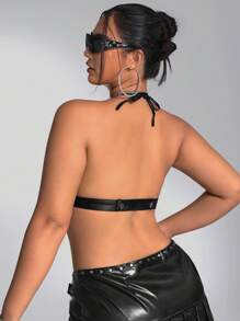 SHEIN ICON Plus Tie Backless Crop Halter Top - Black - View 2