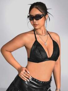 SHEIN ICON Plus Tie Backless Crop Halter Top - Black - View 3