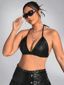 SHEIN ICON Plus Tie Backless Crop Halter Top - Black - View 4