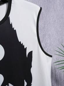 Manfinity EMRG 男士雙色狼印花背心，無袖圖形休閒外出男襯衫 - 黑與白 - 查看 4